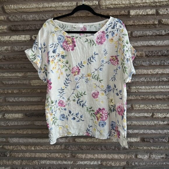 Bellambra Colorful Floral 100% Linen Short Sleeve Tunic Top Size Large - Picture 8 of 8
